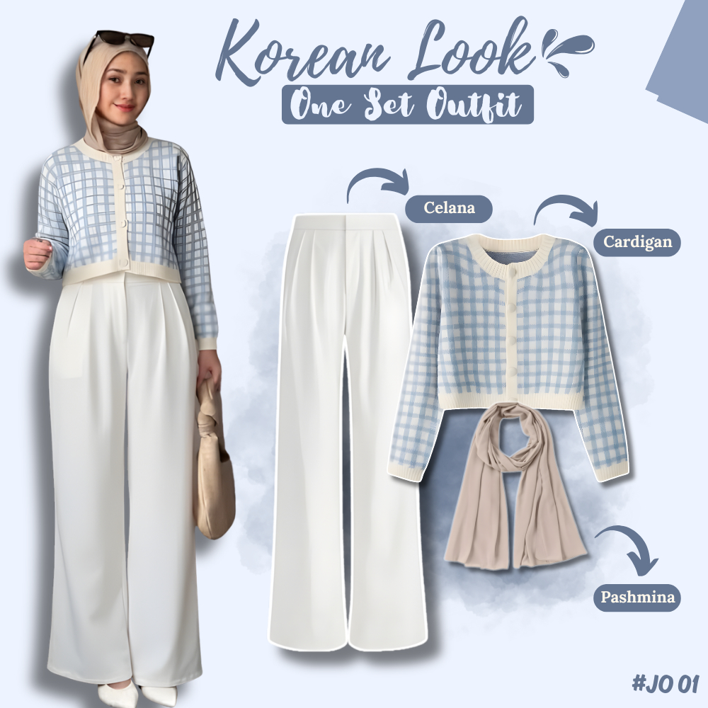 Set Baju Wanita Remaja Style (Celana Knit,Cardigan Snow,Pasmina) Outfit Kuliah Korean JO01