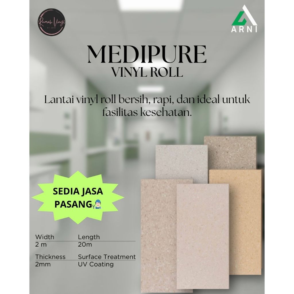 Lantai Vinyl Roll Medipure 2mm 2x20m Lantai Rumah Sakit Higienis UV Coating