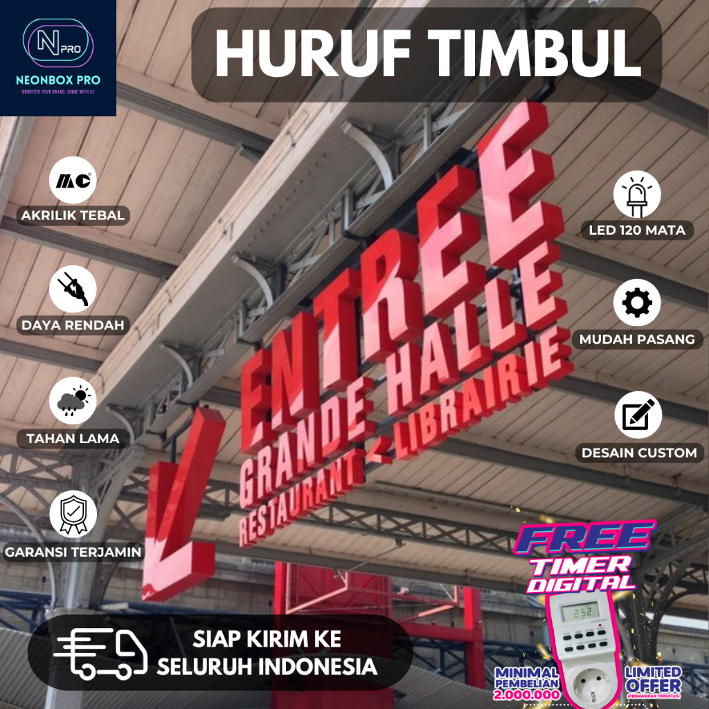 Huruf Timbul Akrilik LED Indoor/Outdoor [FREE DESAIN] | 3d Letter LED | Huruf Timbul Menyala Waterpr
