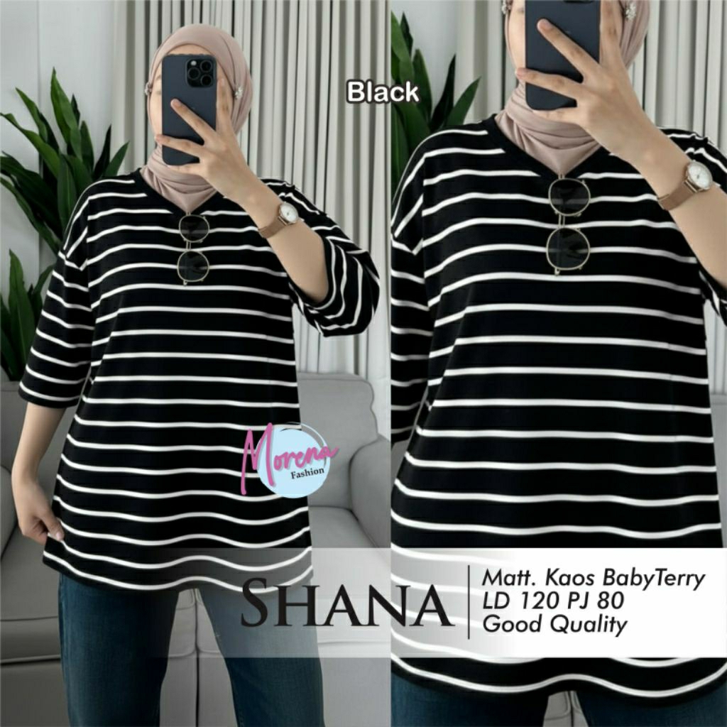 SHANA TOP BLUS JUMBO WANITA CASUAL/BAJU ATASAN KEKINIAN MOTIF GARIS/KAOS BABYTERRY IMPORT/LD 120 CM 