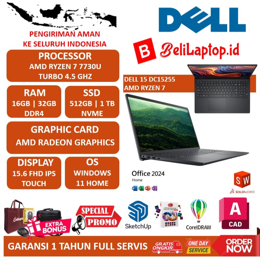 LAPTOP DELL AMD RYZEN 7 7730U 1TB SSD FHD IPS TOUCHSCREEN WIN11HOME BLACK DELL 15 DC15255