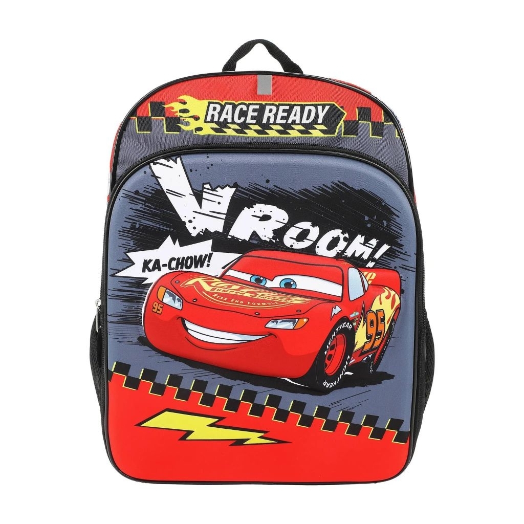 Tas Ransel Sekolah Anak SD LED Lampu Hardcase 3D Timbul Disney Cars Lightning McQueen Rust-Eze Merah