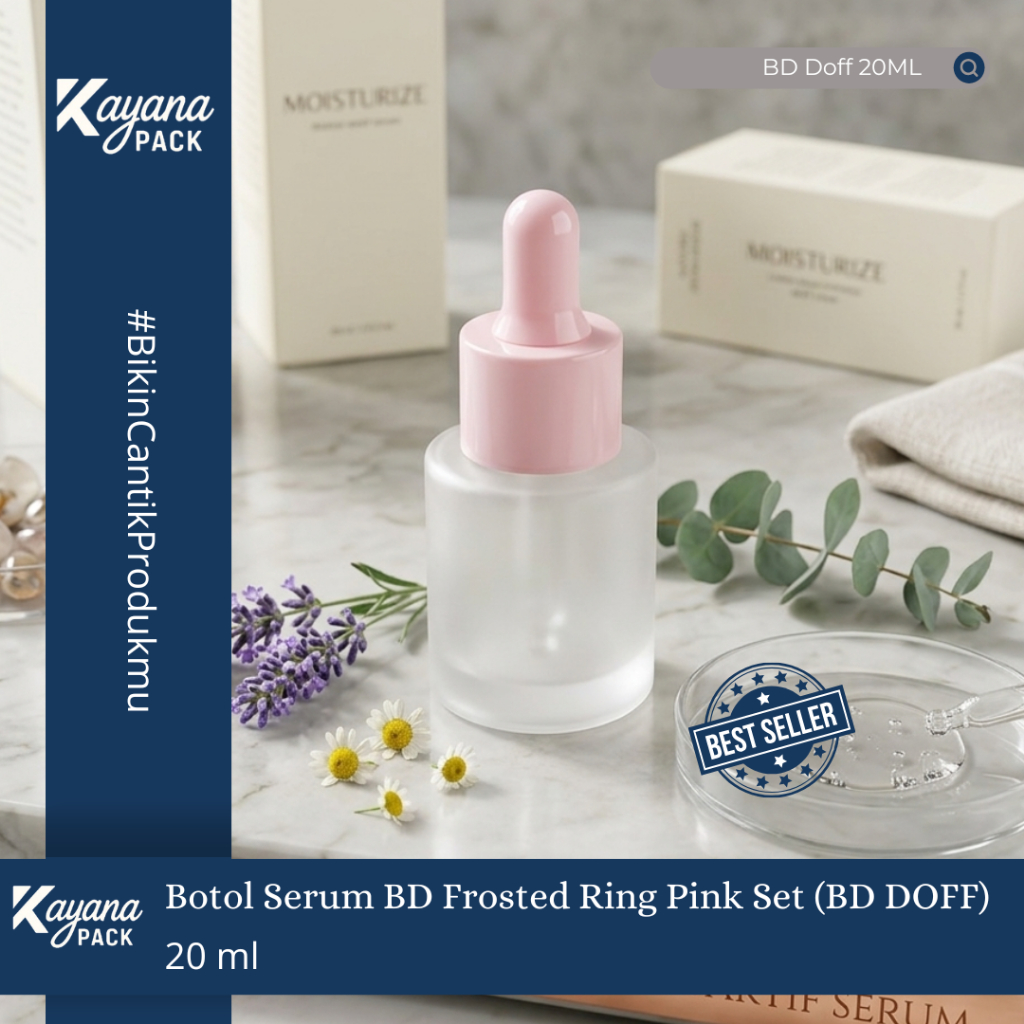 BOTOL PIPET SERUM KACA FROSTED DOFF 20ML RING PINK SET / BOTOL KACA DOFF 20 ML RING PINK (bd 20 doff