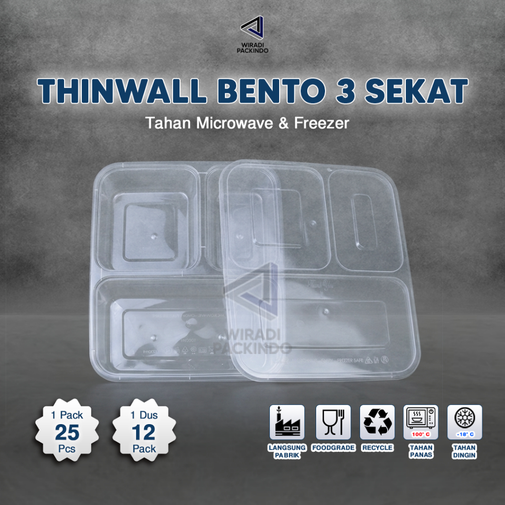 Kotak Makan Plastik 3 Sekat / Thinwall Bento Sekat 3 / Box Bento 3 Sekat