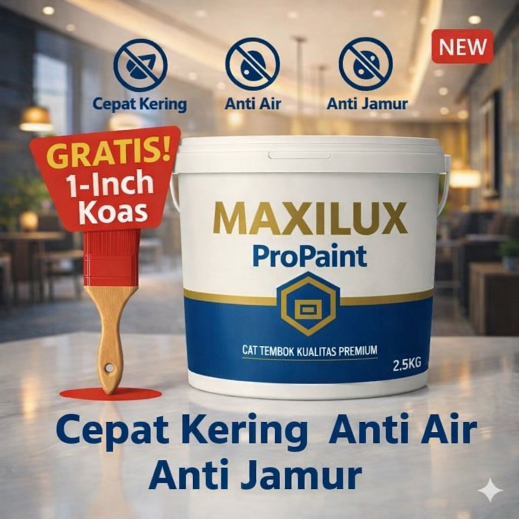 Cat Tembok MAXILUX ProPaint 2.5KG Premium – Cepat Kering, Anti Air & Anti Jamur + Gratis Kuas 1 Inch