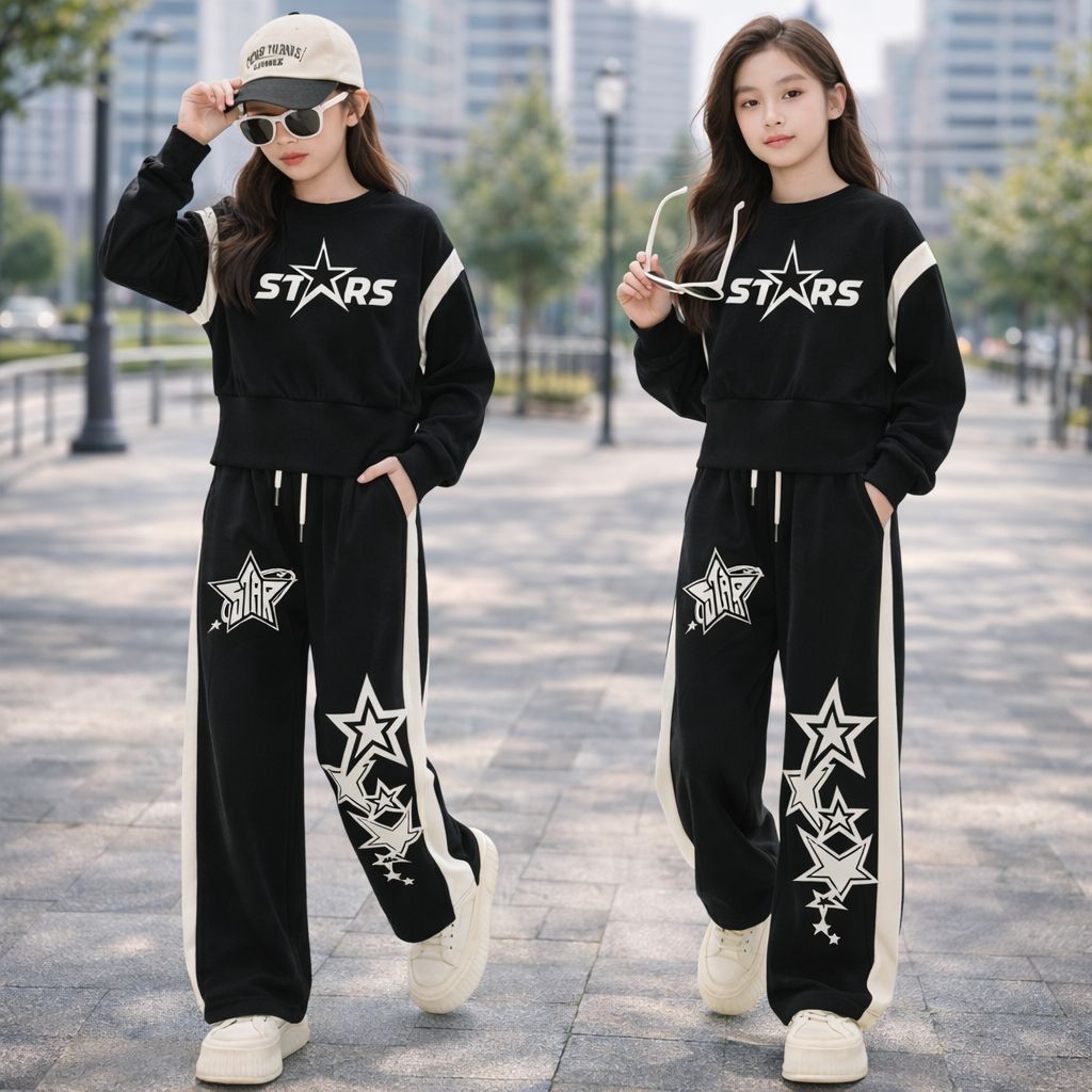 Setelan Sweater Anak Perempuan Crop Y2K Stars Set Celana Skena Kulot Usia 3-14 Tahun Outfit Kekinian