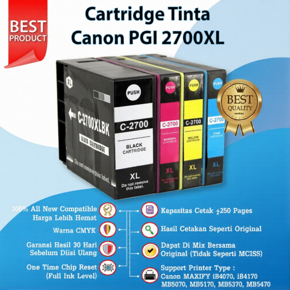 Cartridge Tinta Canon PGI 2700XL 2700 XL Black Cyan Magenta Yellow Canon MAXIFY iB4070, iB4170, MB50