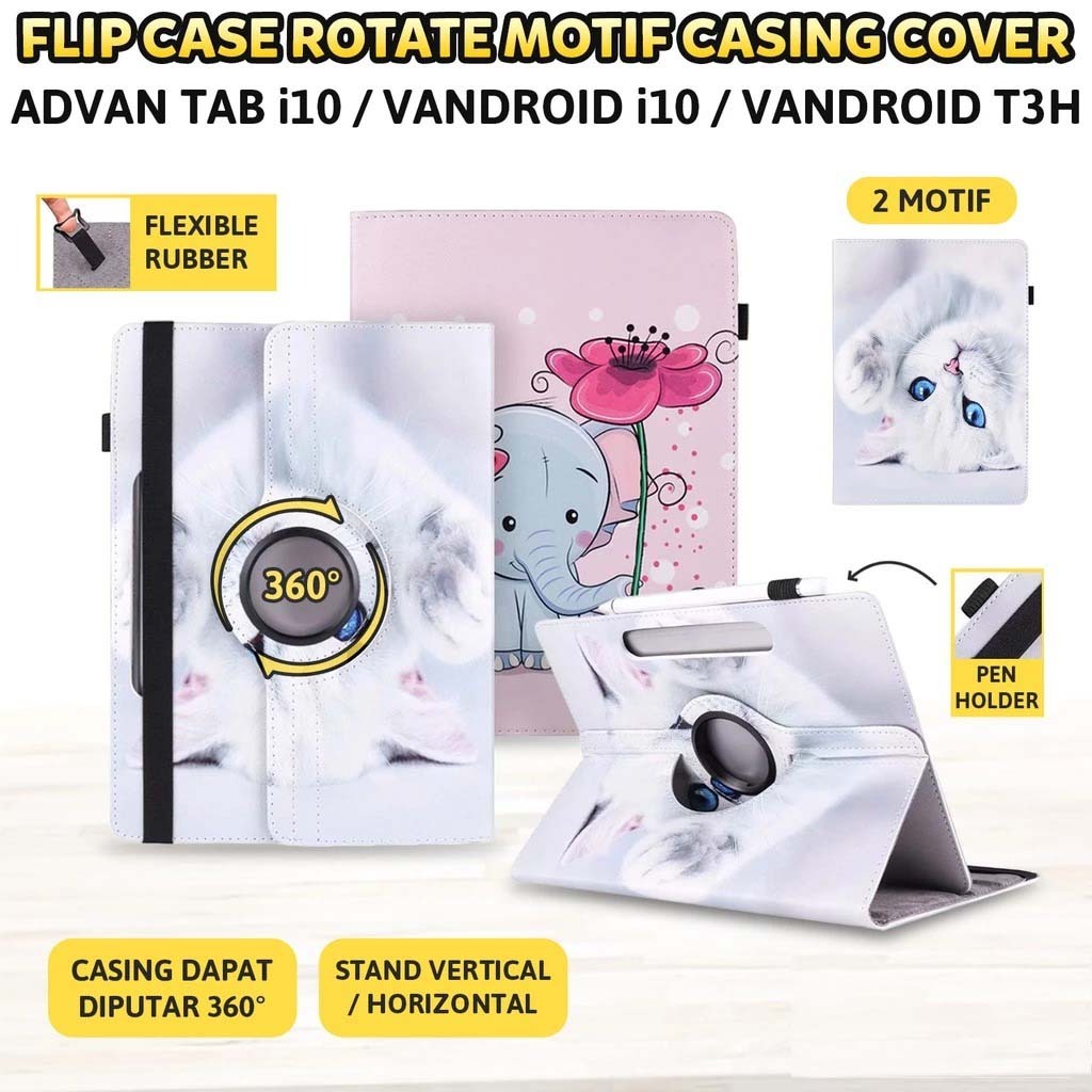Advan Tab i10 Vandroid i 10 T3H Casing Flip Case Putar Rotate Stand Motif Kucing Cat Elephant Gajah 