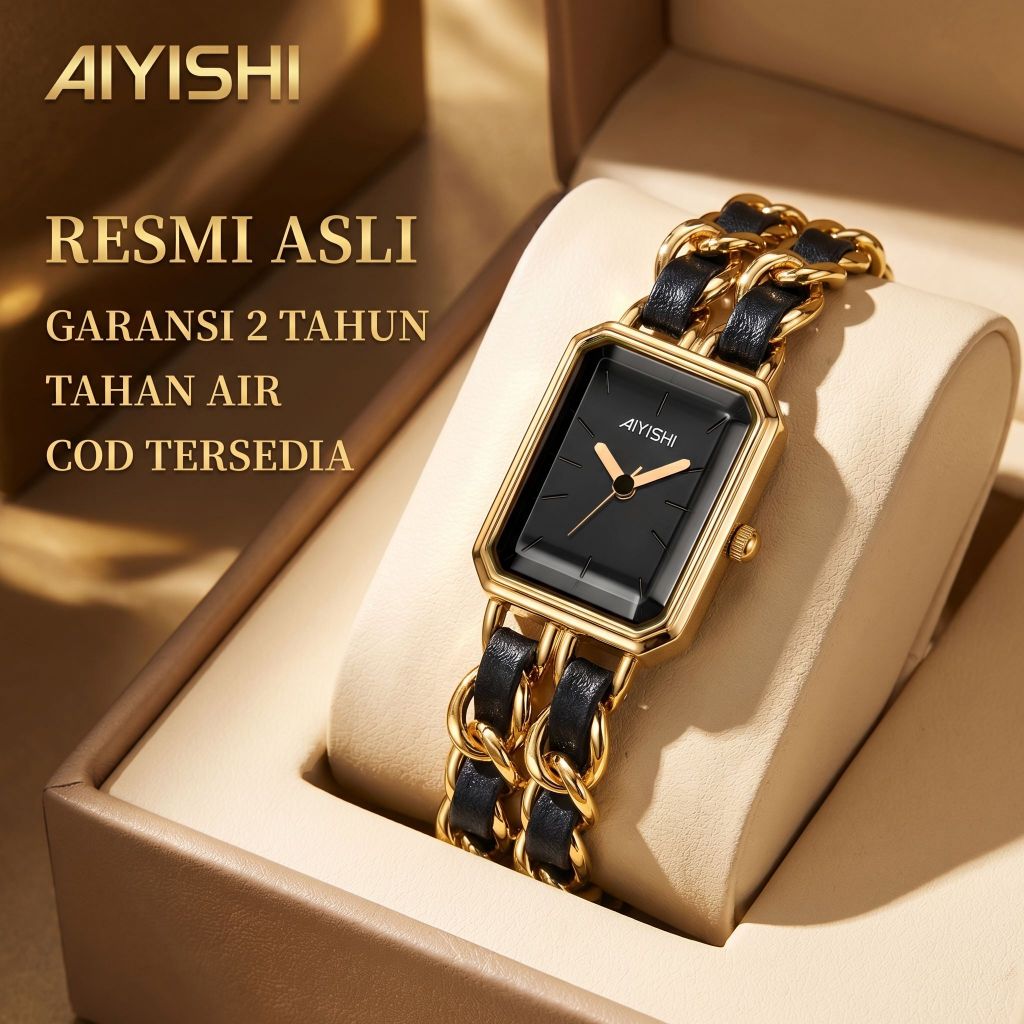AIYISHI Jam Tangan Wanita Retro Mewah - Kotak Hitam, Tali Rantai Gold & Hitam Elegan