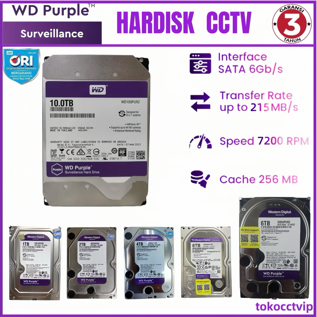 HARDISK CCTV WD PURPLE ORIGINAL 4TB - 6TB - 8TB - 10 TB  GARANSI  3 TAHUN