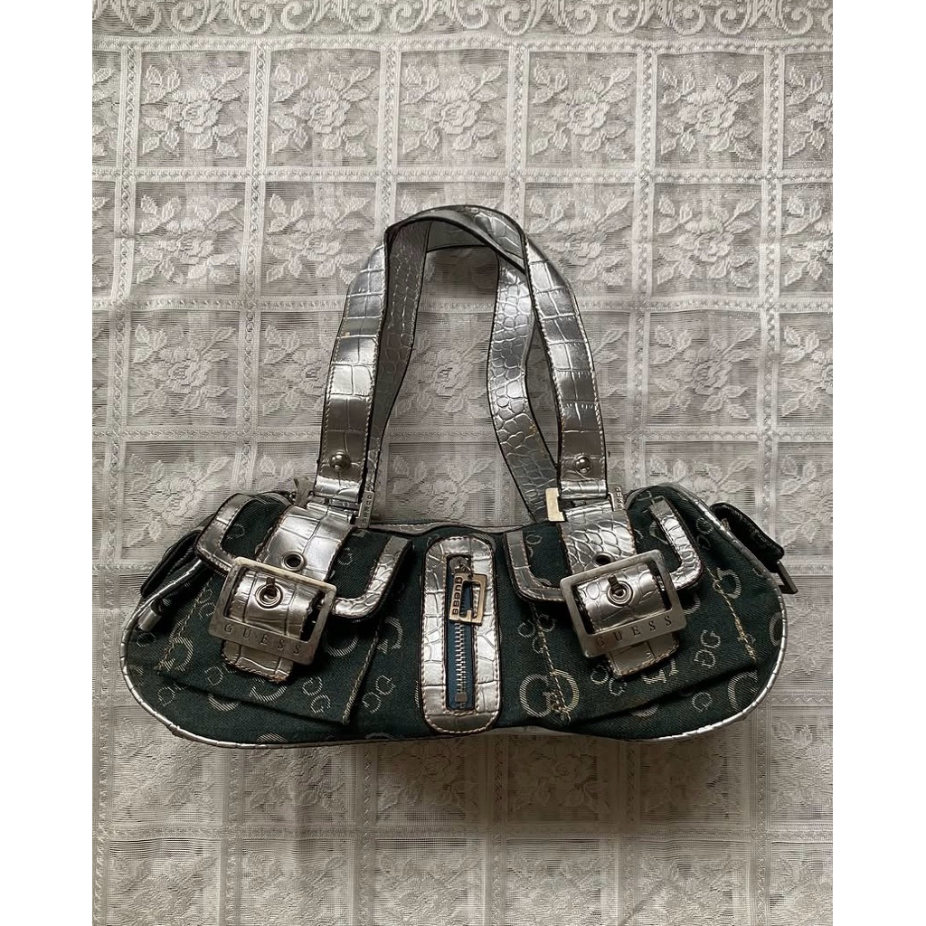 Tas Vintage Y2K Guess Denim Silver Leather Pockets Shoulderbag