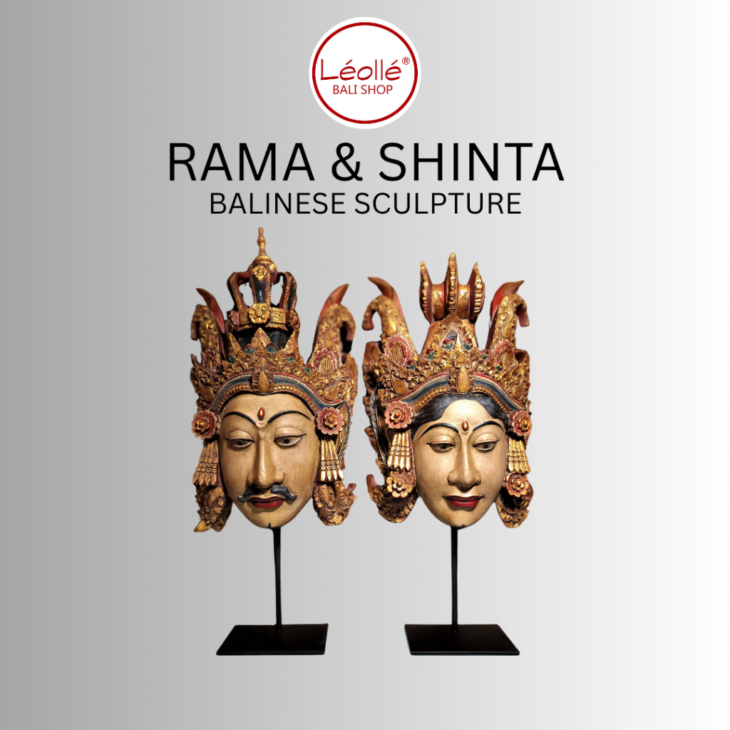 Leolle Bali Topeng Rama Shinta Ukiran Kayu Handmade Bali dengan Stand Besi | Pajangan Etnik & Dekora