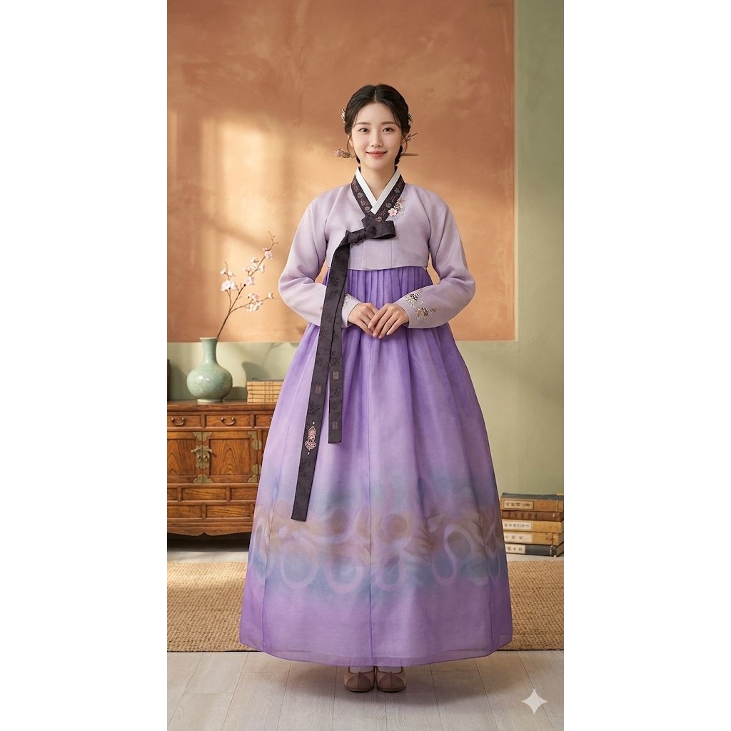 Hanbok Korea Wanita Dewasa Premium Baju Adat Tradisional Korea Ungu Lavender Bordir Mewah LD 100 Pjg