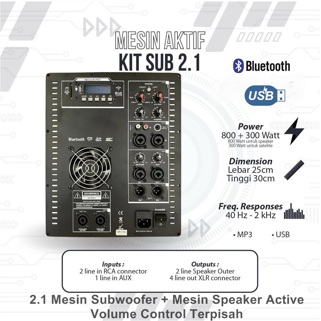 Kit Sub 2,1 Mesin Subwoofer Output Passive Bluetooth - Usb - Echo - Input Mic