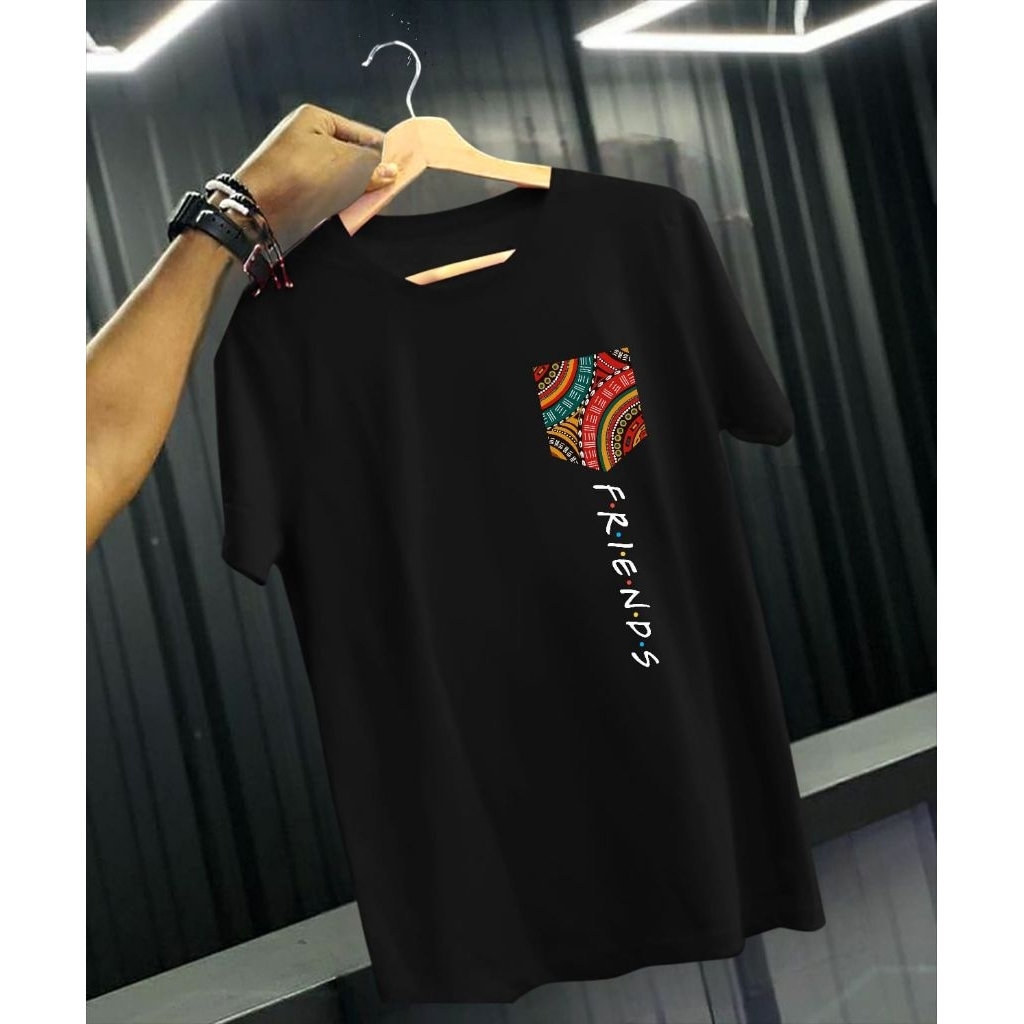 kaos pria atasan lengan pendek jumbo motif kantong tulisan friend terbaru
