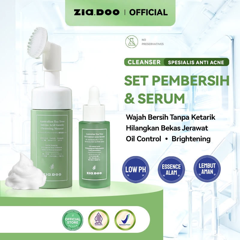 ZIA.DOO Australian Tea Tree Oil Acne Skincare 2in1 Set 2pcs – Cleansing Mousse 100ml, Serum 15ml/30m