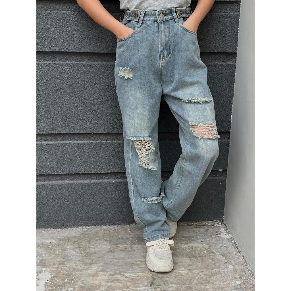 Daeyon Pants Celana Kulot Jeans Ripped Wanita HW Highwaist Kulot Sobek Non Stretch by Jannetsroom