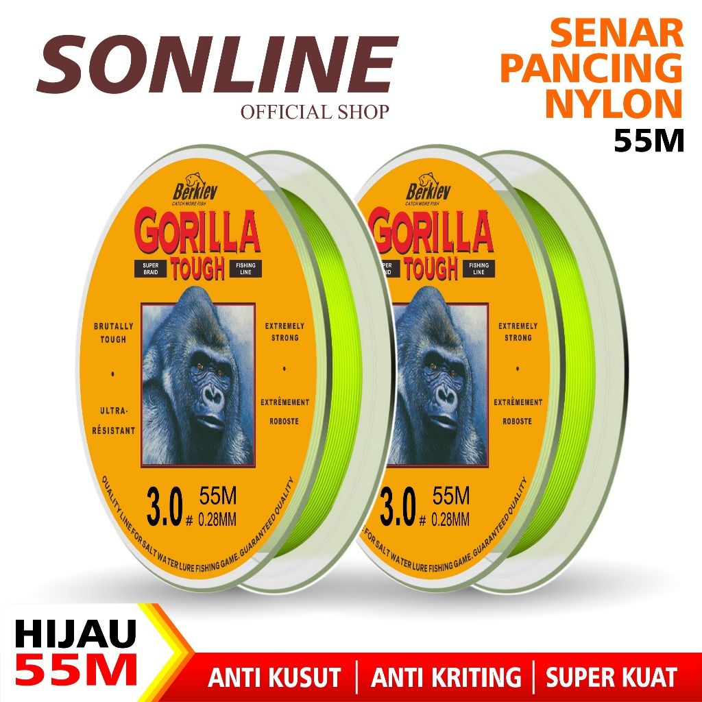 SONLINE Tali Pancing Berkley Gorilla Hijau Stabilo Senar Pancing Nilon 55m Super Kuat