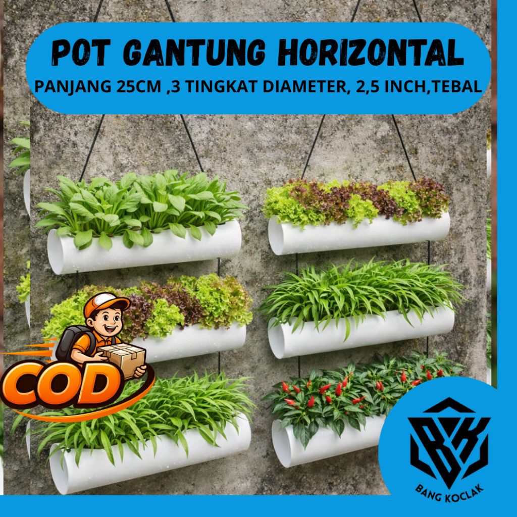 Pot Gantung Horizontal 3 Susun Paralon PVC 2,5 Inch Panjang 25cm Lubang Tanam Strawberry Hidroponik 