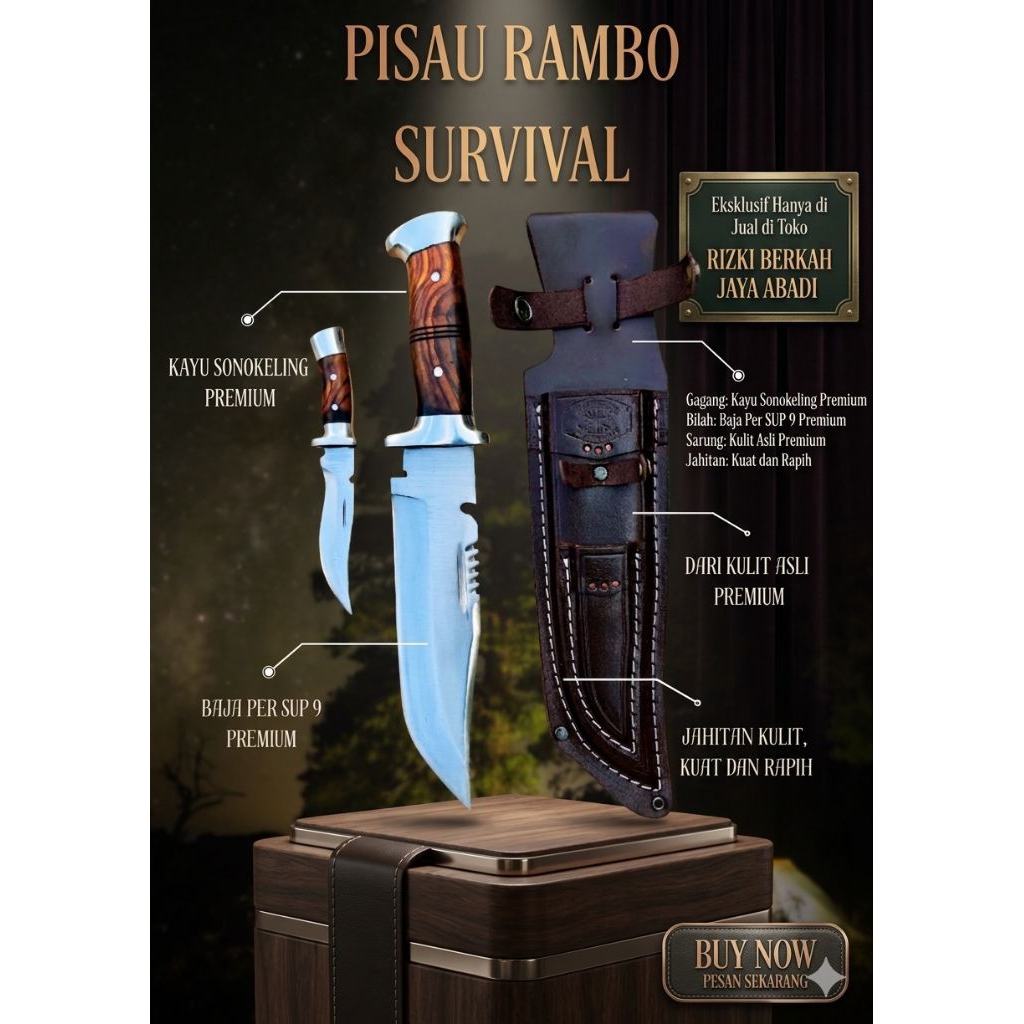 PISAU RAMBO SURVIVAL EKLUSIF DAN ELEGAN BAJA PER SUP 9 , CAMPING READY
