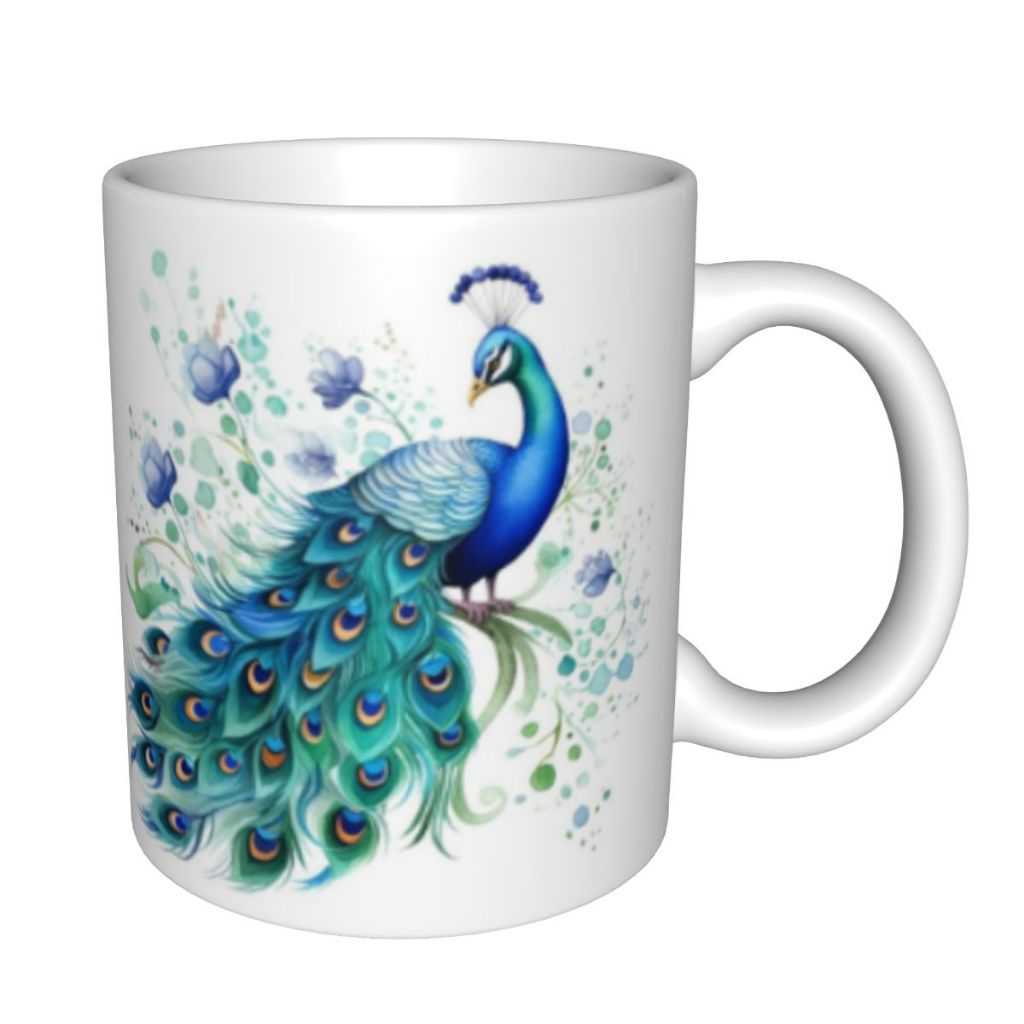 Gelas Mug Kopi Keramik Motif Merak Cantik Lukisan Cat Air Gelas Minum Kopi Teh Elegan untuk Rumah Ka