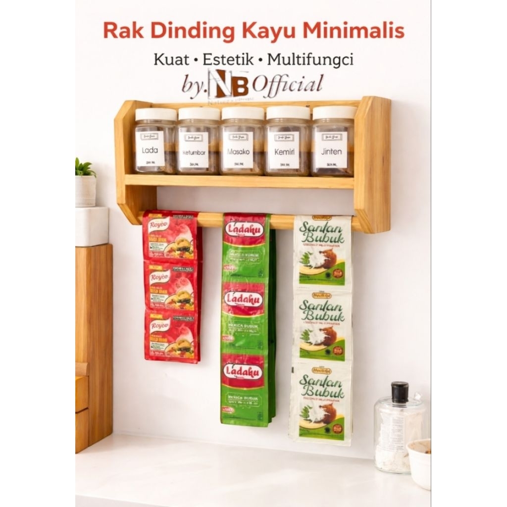 Rak Dinding Kayu Minimalis Multifungsi | Rak Bumbu Dapur Tempel | Rak Dinding Tempel Estetik Organiz