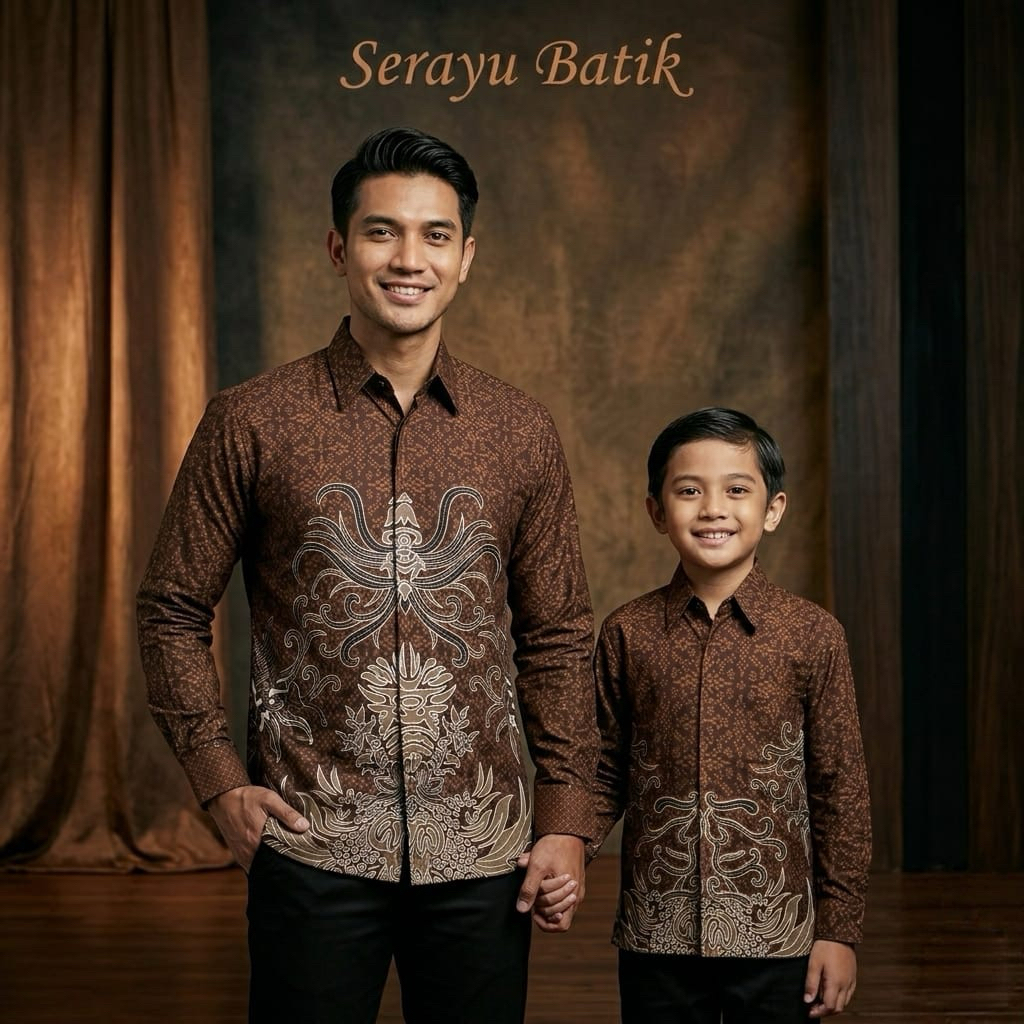 COKELAT Baju Batik Couple Anak Ayah Katun Solo Premium Warna Cokelat Motif Sotong Terbaru, Batik Pas