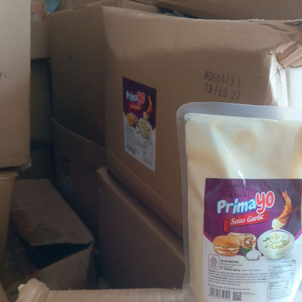 (PAKET 1 DUS isi 10 Kg/20 Bks) Prima Agung PRIMAYO GARLIC 500gr ( isi 1 dus 20 pcs/10 Kg) , Expired 