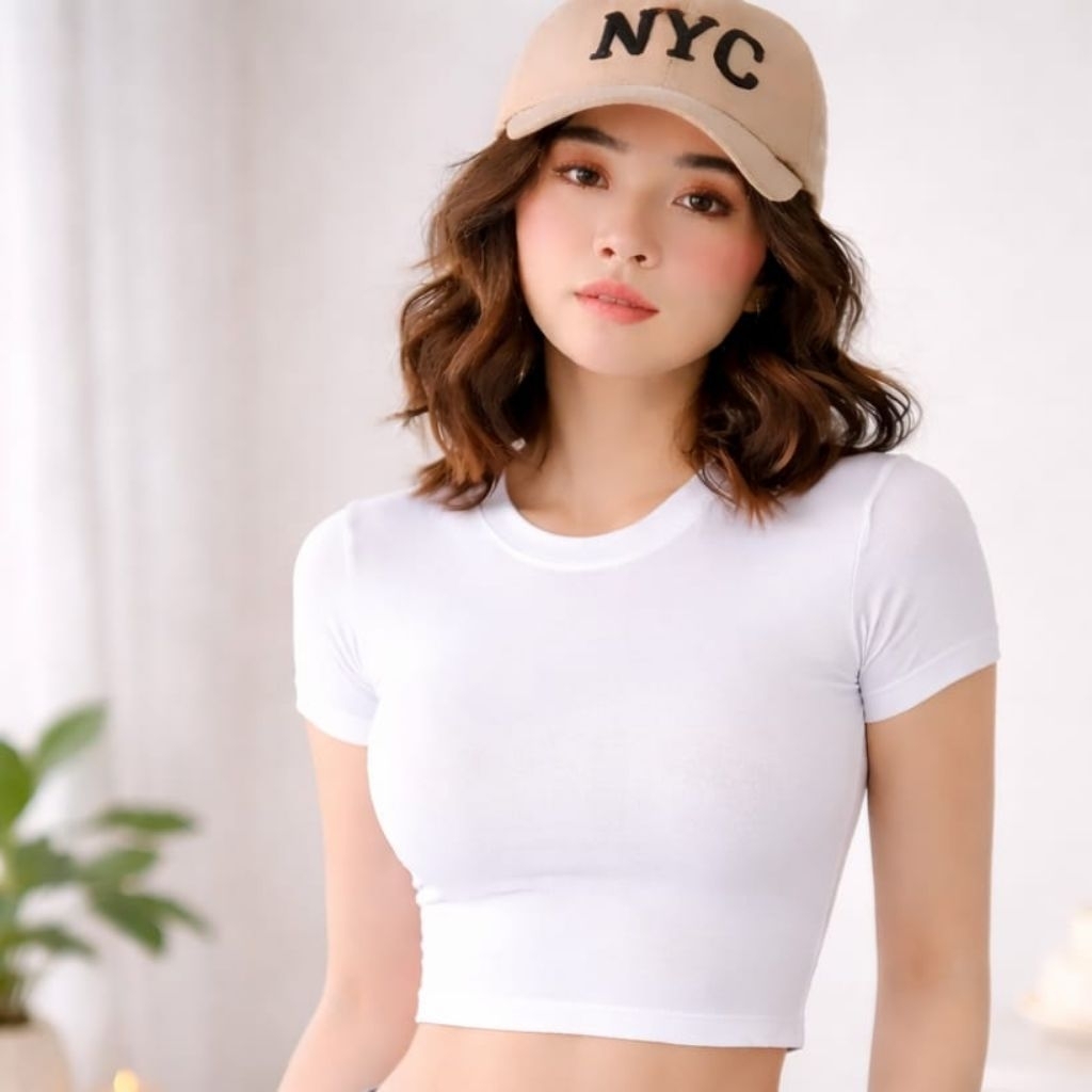 Kaus Crop Top lengan pendek wanita, t-shirt dasar ramping kerah bulat ketat Atletik