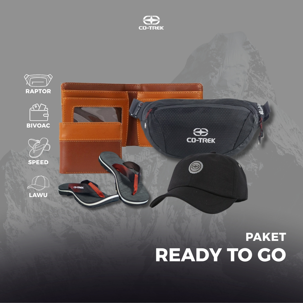 Paket Bundling Tas selempang Pria 4in1 Ready To Go Cotrek Adventure Waistbag Dompet Topi Sandal Outd