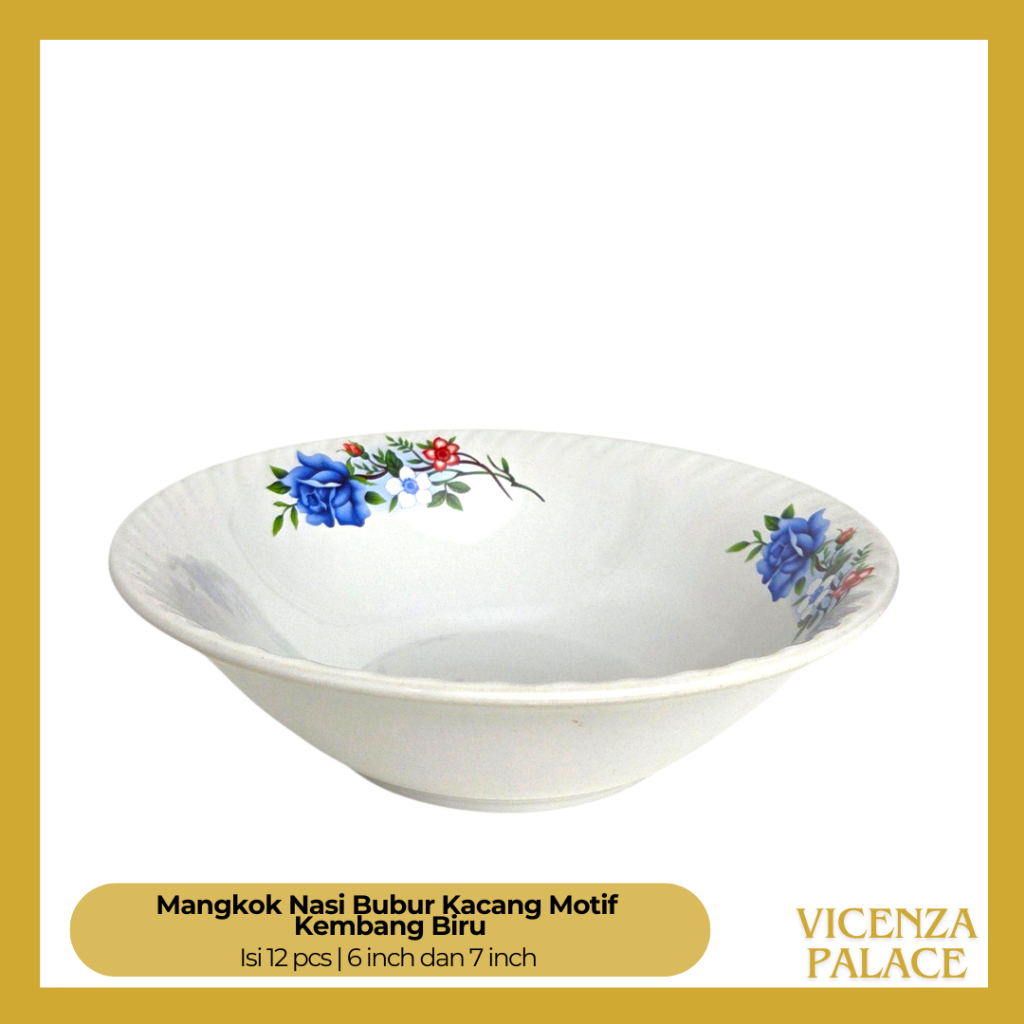 Mangkok Keramik Mie Bubur Motif Kembang Biru Ukuran 6 dan 7 Inch (1 Lusin)