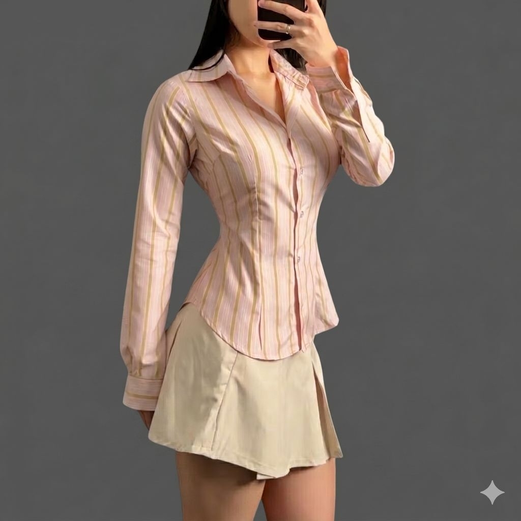 SKYLEA Stripe Fitted Shirt - Kemeja Wanita - Atasan Wanita Stripe Salur - Kemeja basic Lengan Panjan