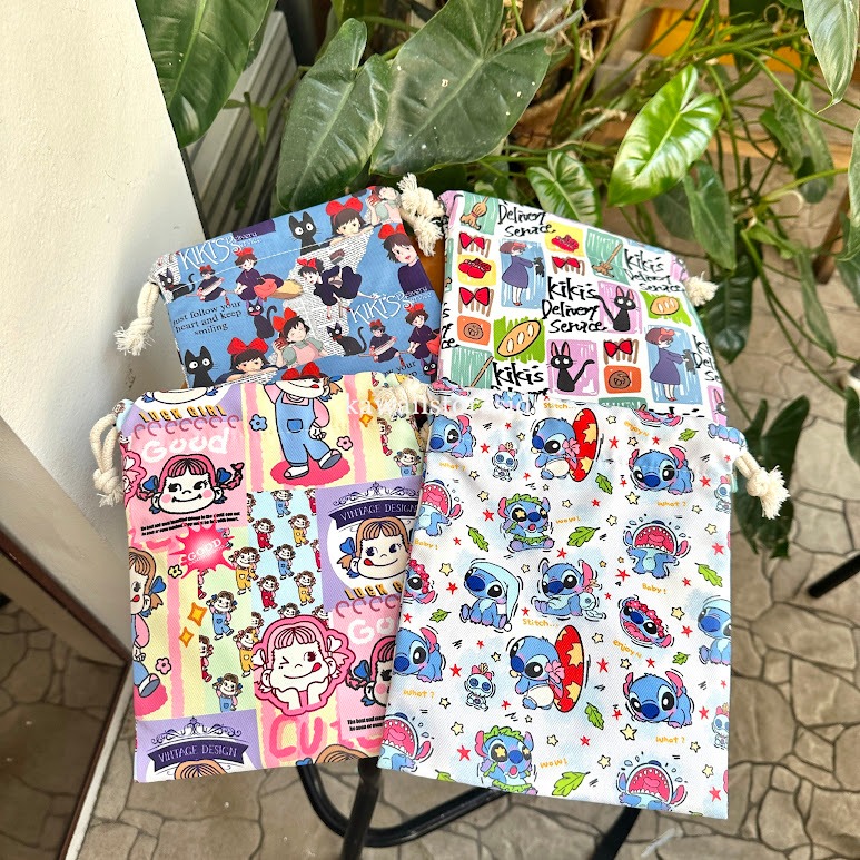 Drawstring Bag Snoopy Sinchan Mickey Pouch Serut Karakter Kartun Kiki Serbaguna Multifungsi Unik Luc