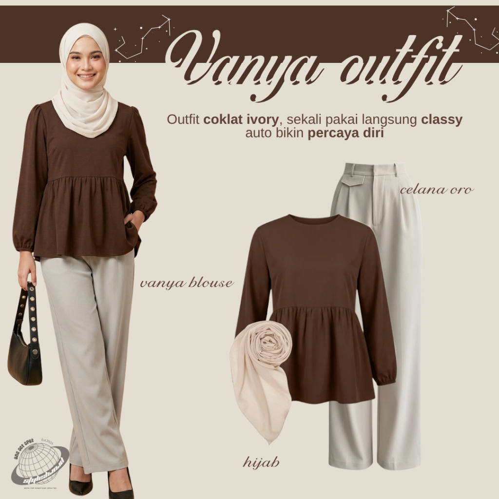 Outfit nongkrong bareng bestie (Blouse Coklat + Celana Oro + Hijab)LI132 OOTD Casual Remaja