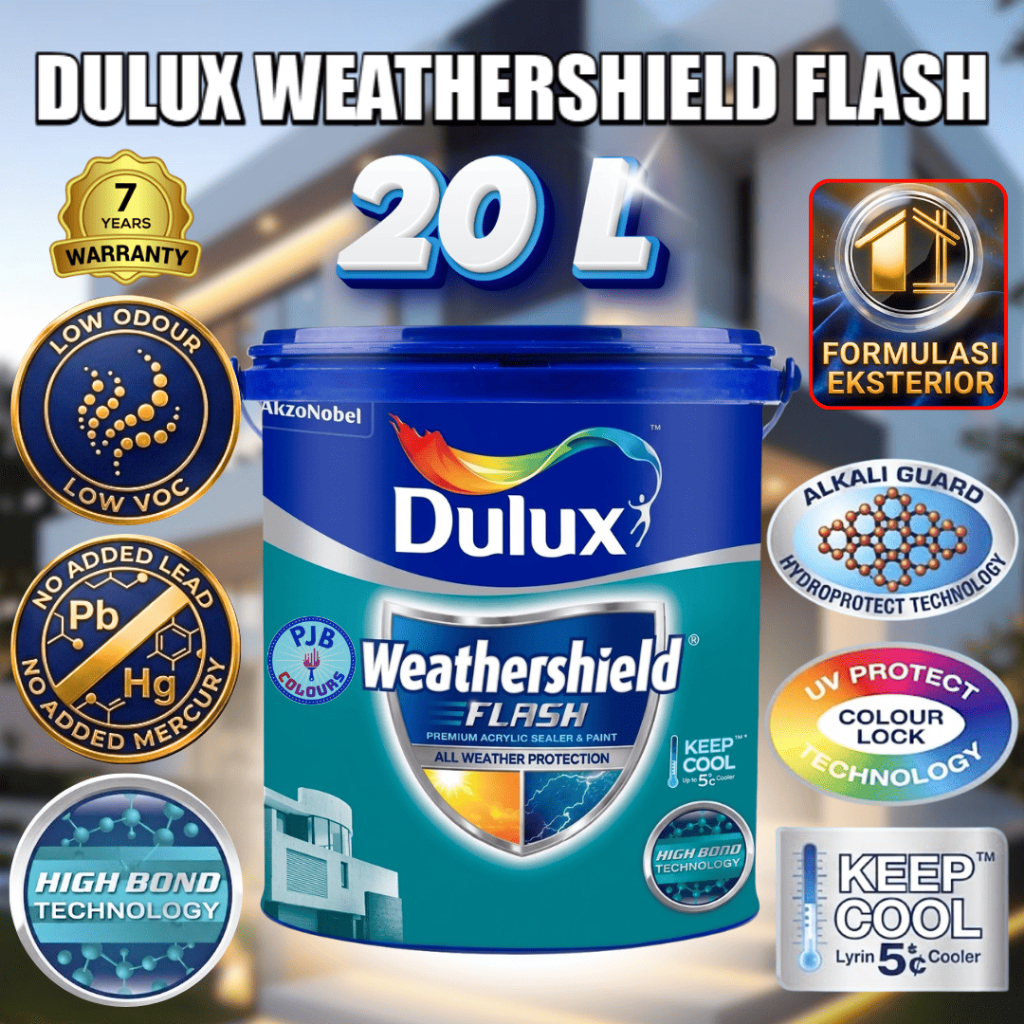 DULUX WEATHERSHIELD FLASH 2 IN 1 CAT DASAR EXTERIOR + CAT DINDING PREMIUM / KEMASAN 20 L (PAIL)