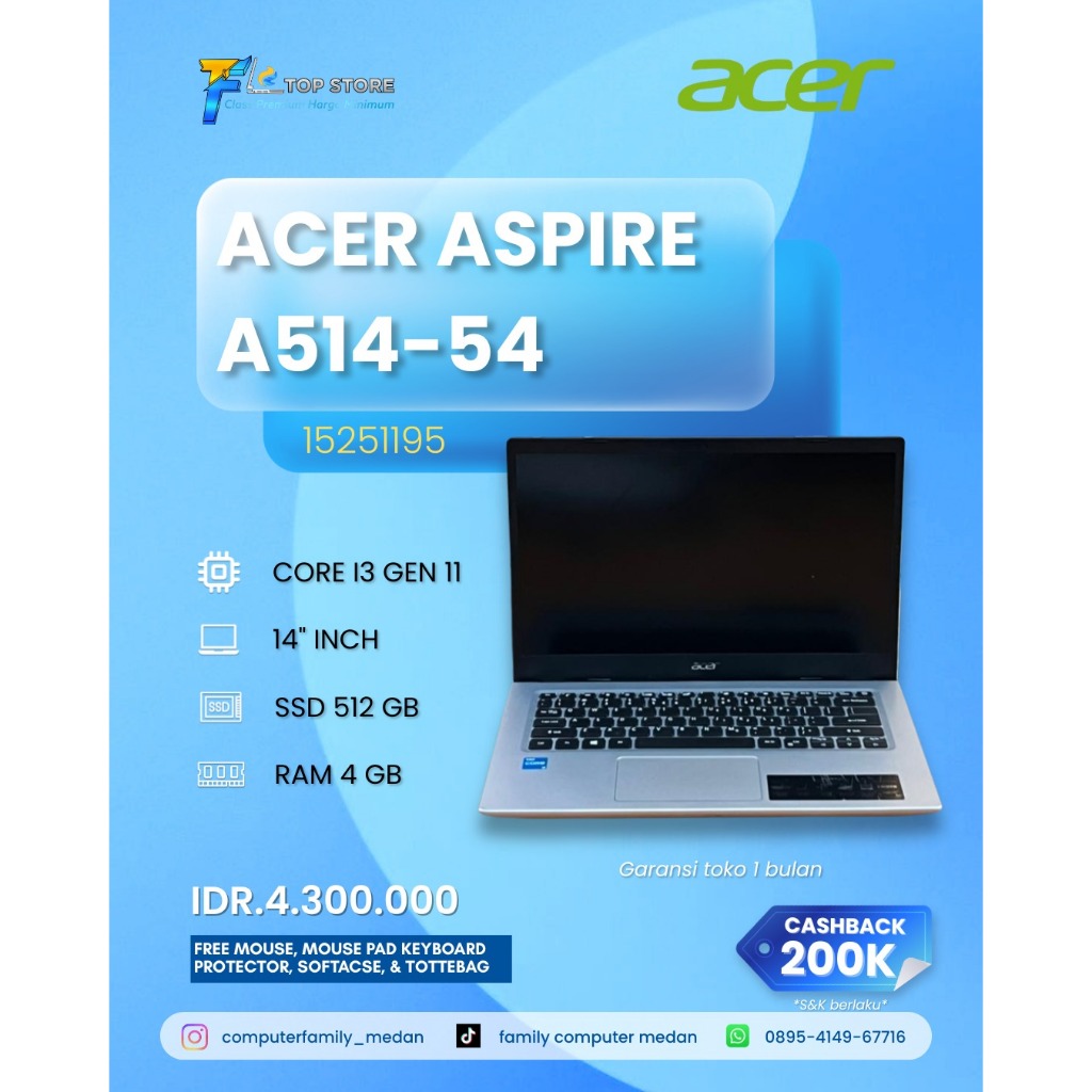 LAPTOP ACER ASPIRE A514-54 CORE I3 GEN 11 RAM 4GB SSD 512GB