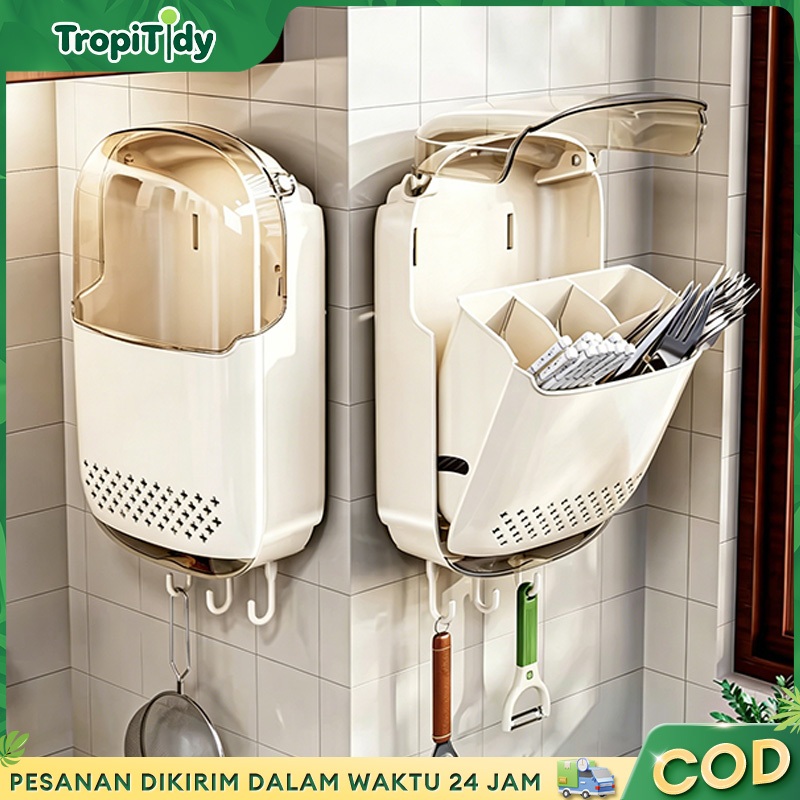 SALVO Tempat  Sumpit dengan Tutup Rak Wadah Dapur/Tempat Sendok Gantung/Rak Sendok Garpu