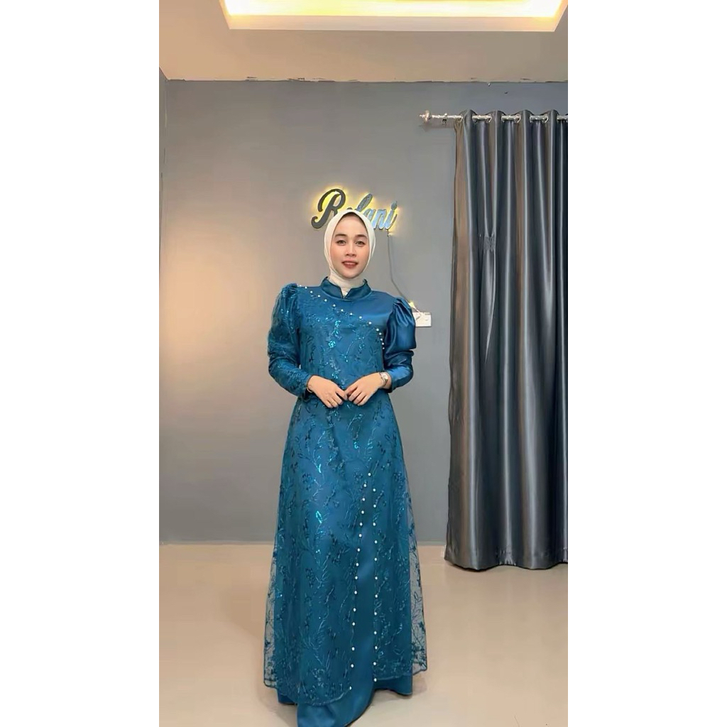 Shakira Dress Emerald Blue Material Silk Impor Mix Brukat Mutiara