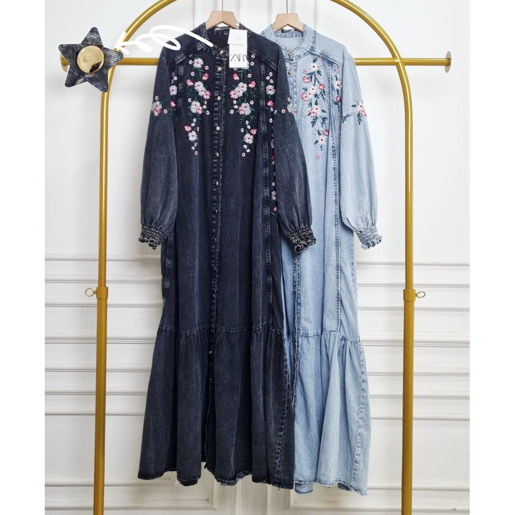 gamis jeans zara dengan bahan jeans premium