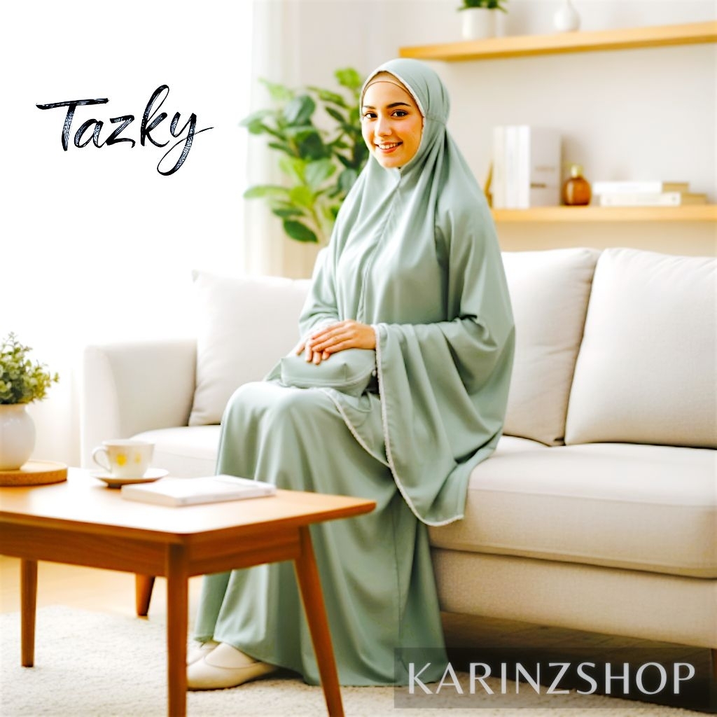 TAZKY - MUKENA TRAVELING Dewasa Renda Katun Polos Premium Jumbo Halus Adem ( SAGE GREEN )