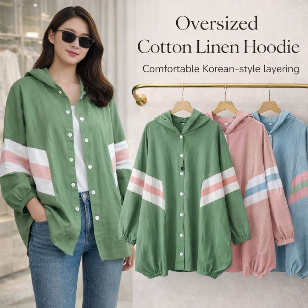 Outer Hoodie Wanita Katun Linen Premium | Jaket Wanita Oversize Casual Korean Style | Outer Santai A