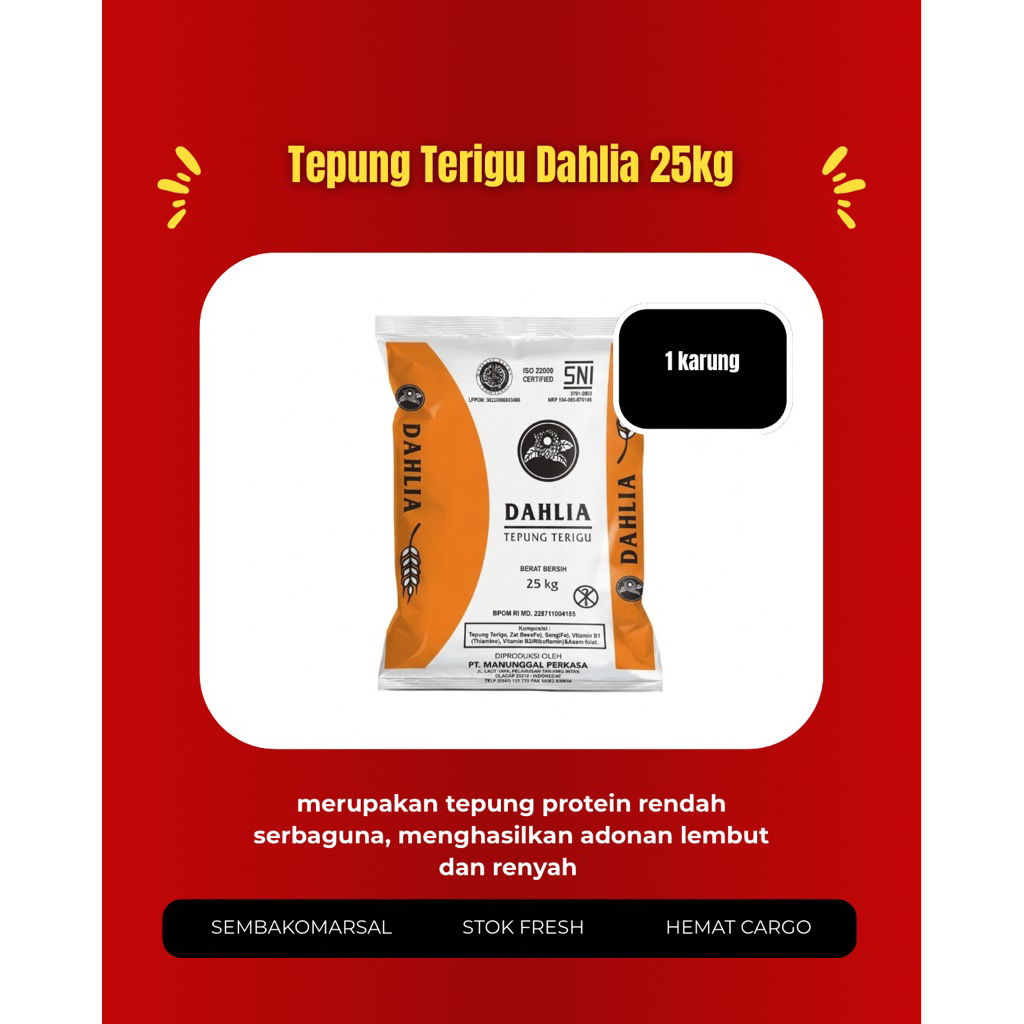 Hemat Cargo Grosir Satu Karung Tepung Terigu DAHLIA 25kg  Protein Rendah Hemat CARGO