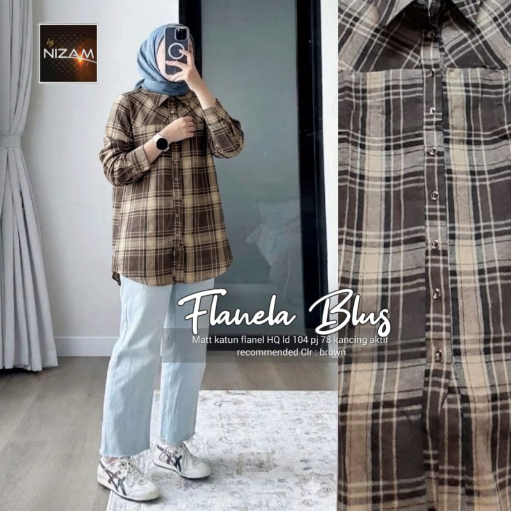 Flanela Blus Kemeja Wanita Motif Kotak-Kotak Katun Flanel
