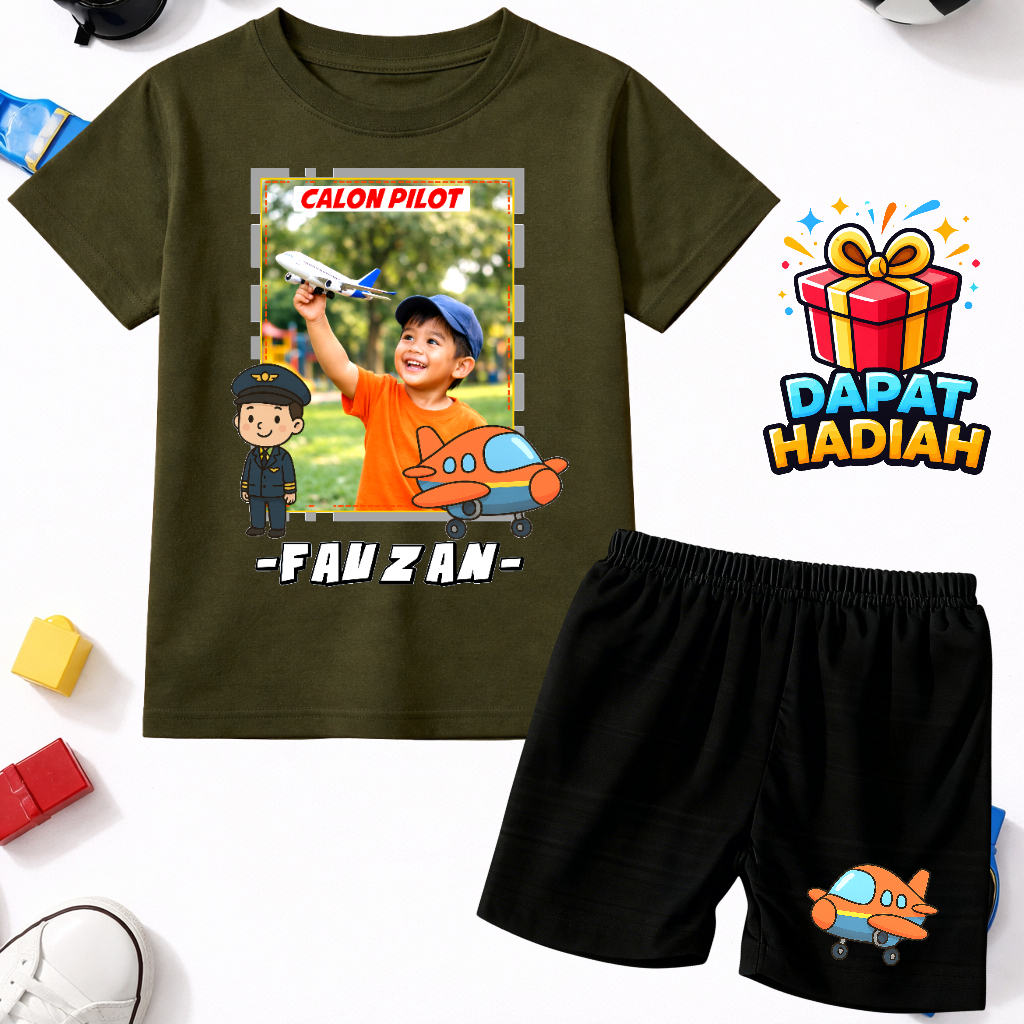 Setelan Kaos Anak Laki Laki Custom Foto Calon Pilot – Baju Cowok Adem Nyaman Sablon DTF + Bonus Hadi
