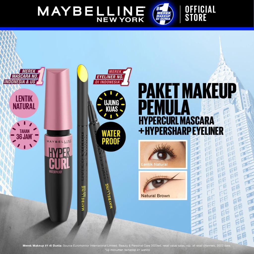 Maybelline Paket Makeup EYE Hypercurl Mascara + Hypersharp Eyeliner - Waterproof Maskara Eye Makeup 