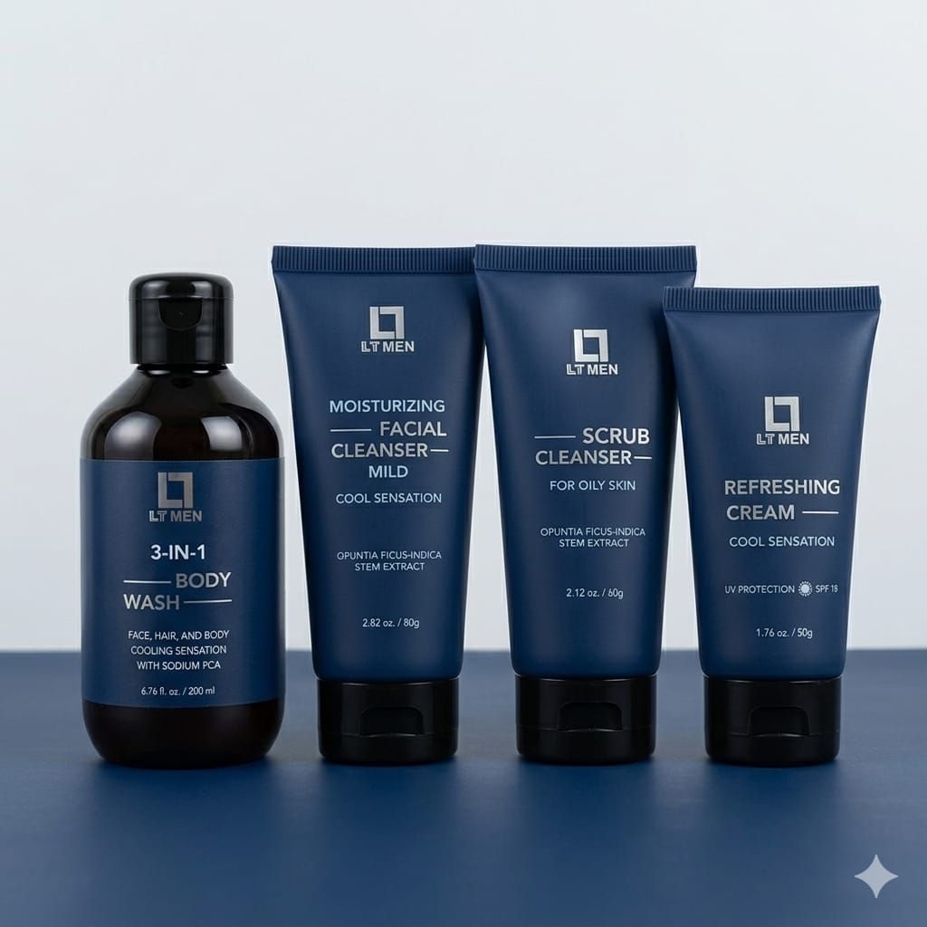 LT MEN 1 PAKET LENGKAP / 3IN1 BODY WASH / FACIAL WASH / SCRUB CLEANSER / REFRESHIMG CREAM PELEMBAB /