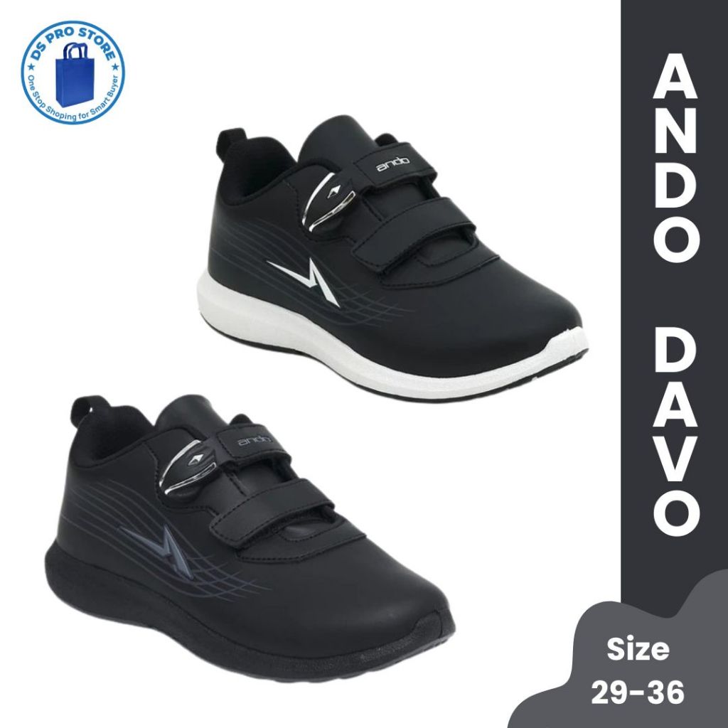 SEPATU ANDO DAVO HITAM POLOS & HITAM PUTIH / SEPATU SEKOLAH PEREKAT MAGNET - Laki laki Perempuan Ori