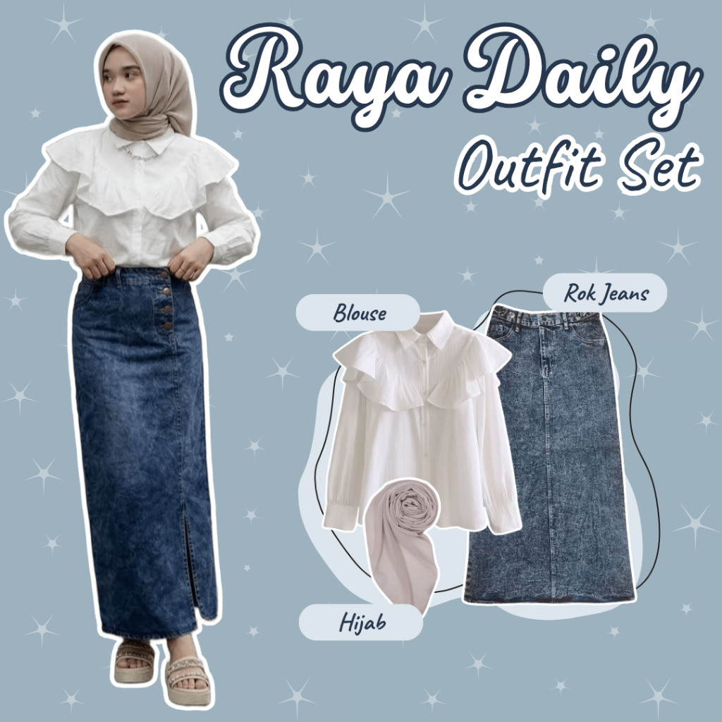 One Set Wanita Remaja | Blouse, Rok Jeans, Hijab | Outfit Hijab Casual, Setelan Outfit Wanita, OOTD