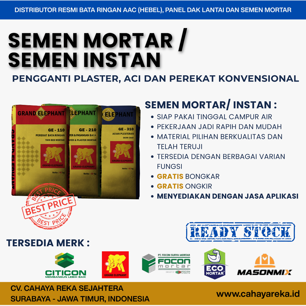 Semen Mortar/Instan | GE, Eco Mortar, Masonmix, Focon, Citicon | Harga Per Zak | Mudah Tinggal Campu