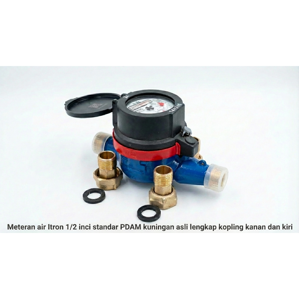 ITRON METERAN AIR ITRON 1/2" INCH KUNINGAN  STANDART PDAM lengkap coupling atau nepel